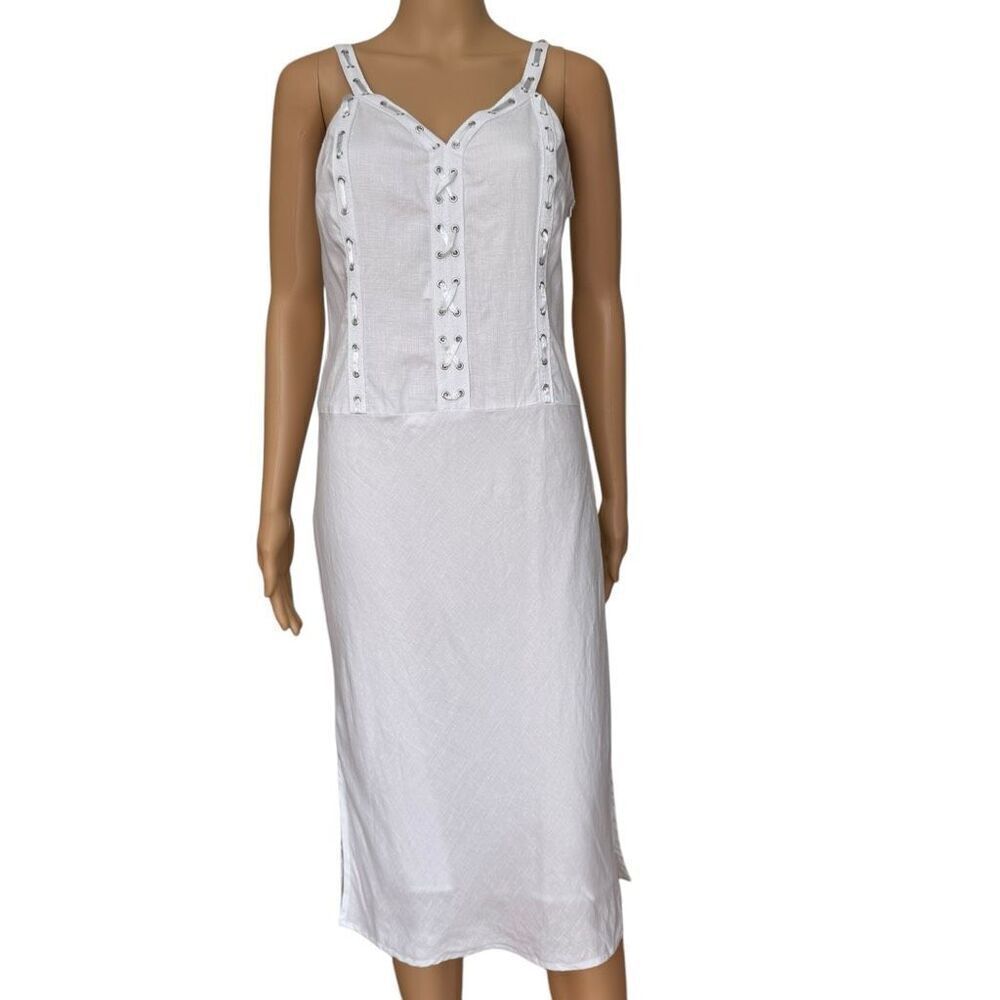 Nikki Valentine Irish Linen  V-Neck Sleeveless Midi Dress lined Size 4